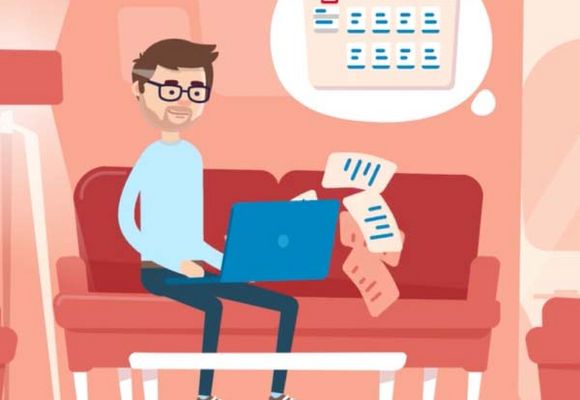 Grafik von einem Mann, der einen Laptop in der Hand hat, auf einem Sofa sitzt und Zettel fliegen.