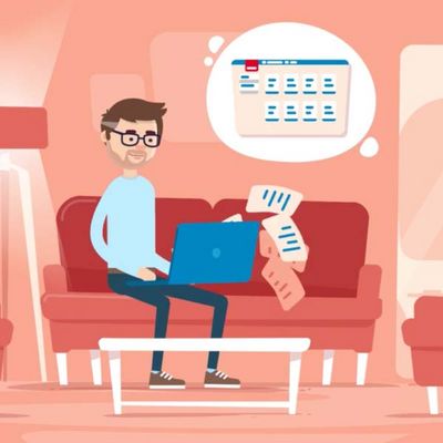 Grafik von einem Mann, der einen Laptop in der Hand hat, auf einem Sofa sitzt und Zettel fliegen.